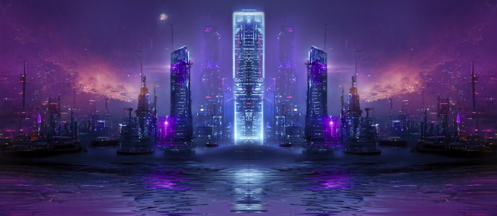 Night city neon lights of the metropolis Reflection of neon lights in the water Modern city with high-rise buildings Night street scene city on the ocean 3D illustration - NFT News Today